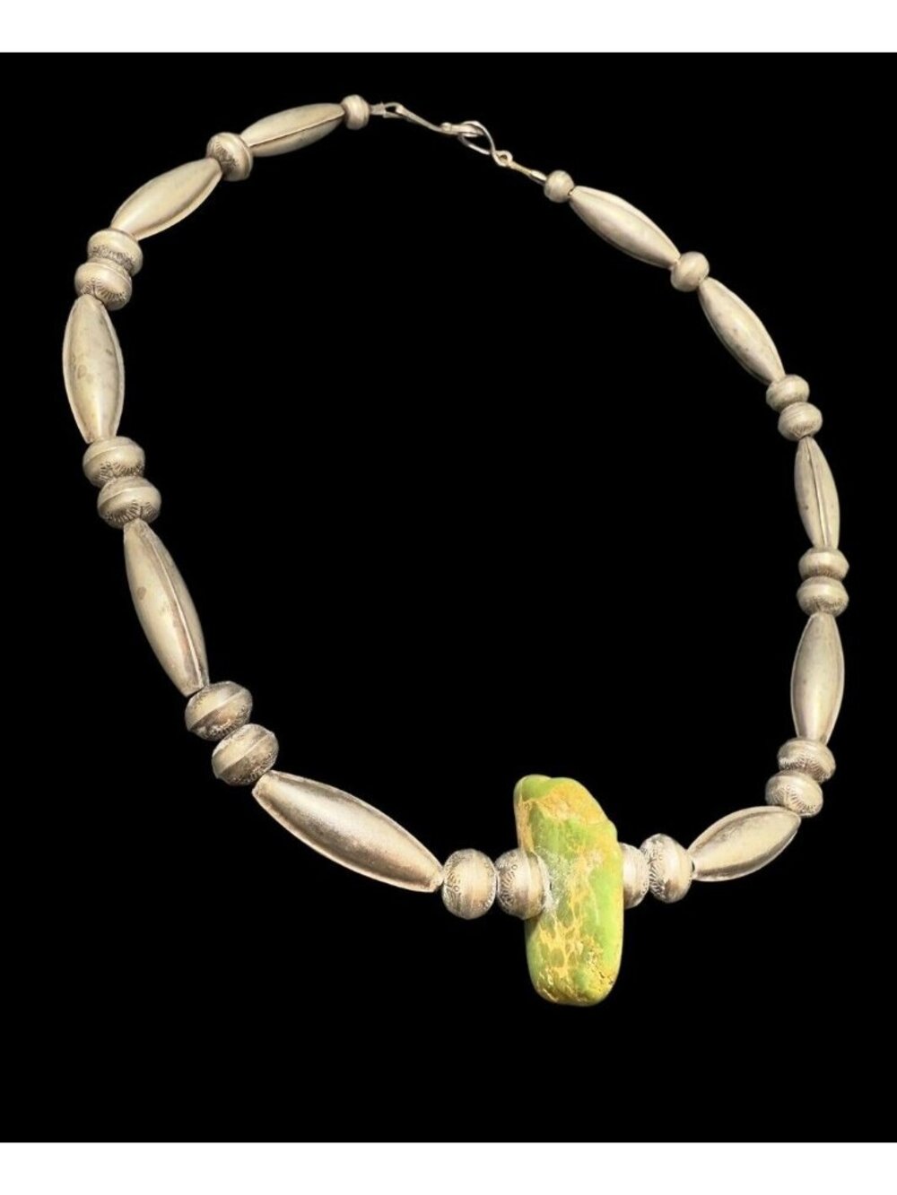 Navajo Sterling Silver Etched Beads Necklace Green Turquoise Pendant Ethnic